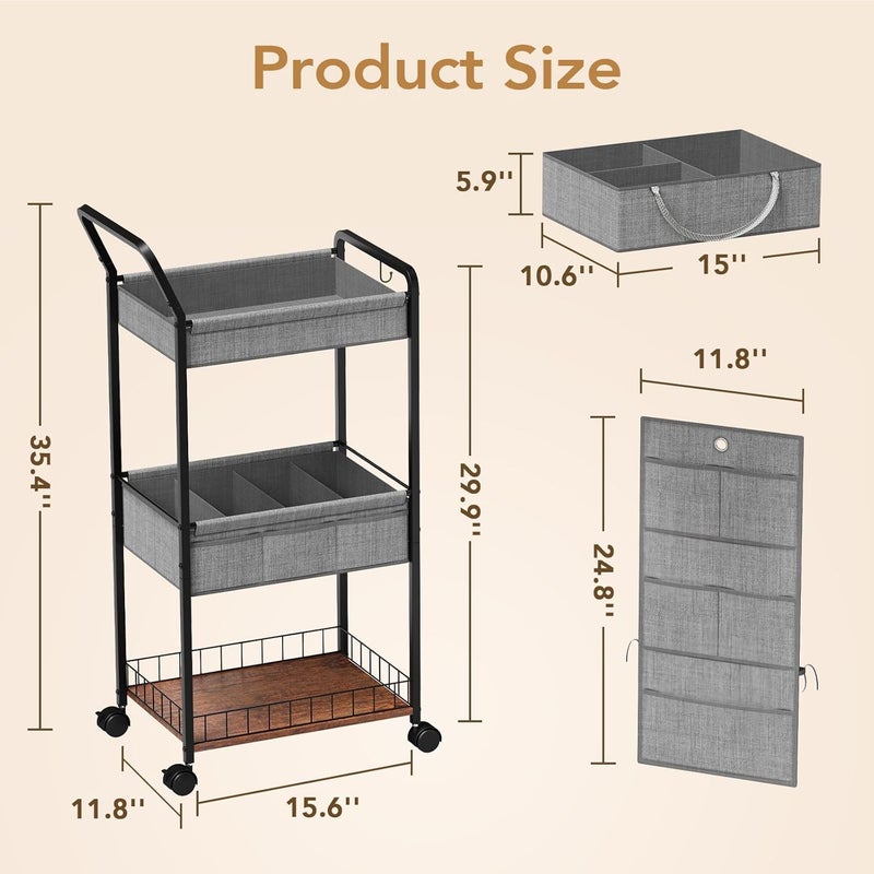 BBLIKE 3-Tier Diaper Caddy Organizer - Rolling Utility Baby Cart with Basket and Side Pockets for Nursery and Baby Essentials, Multi-Function Cart for Bedroom and Bathroom,Gray - Image 2